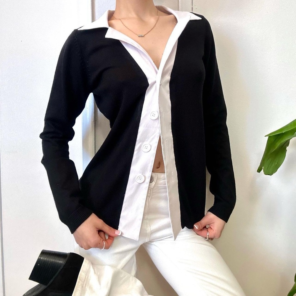 Retro Monochrome Collar Long Sleeve Shirt Black White Size Medium